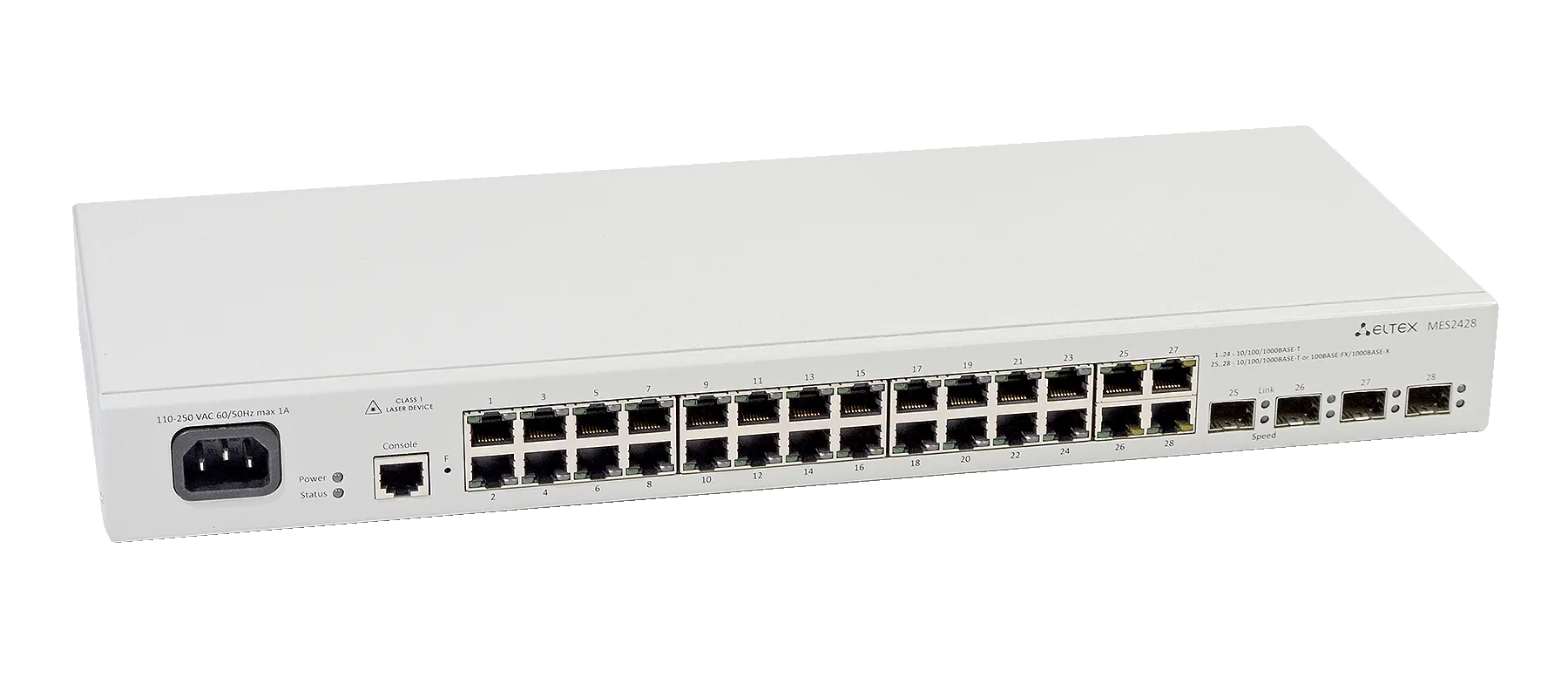 Ethernet-коммутатор MES2428P, 24xPoE/PoE+ (1G) + 4xCombo (RJ45/SFP), L2, 220V AC